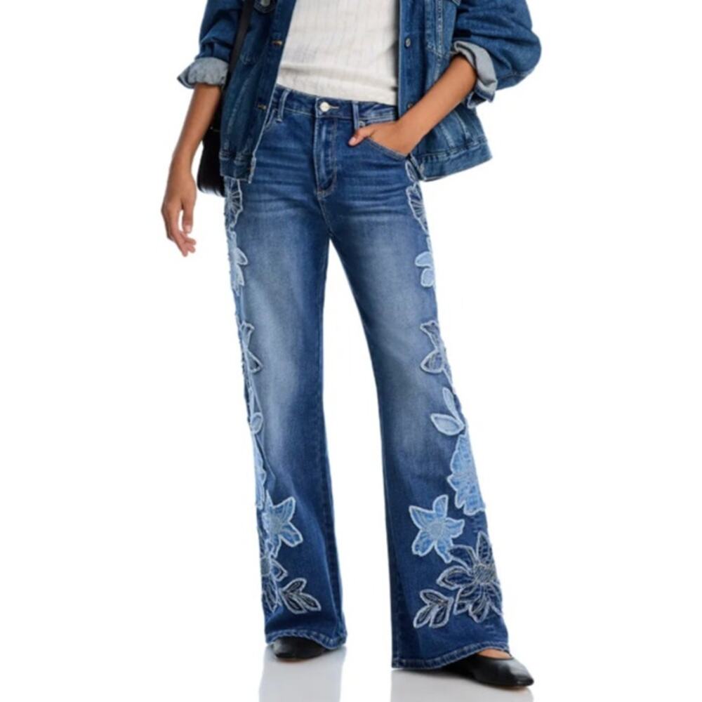 DRIFTWOOD charlee x denim patch wide leg jeans 27x32 floral embroidered boho